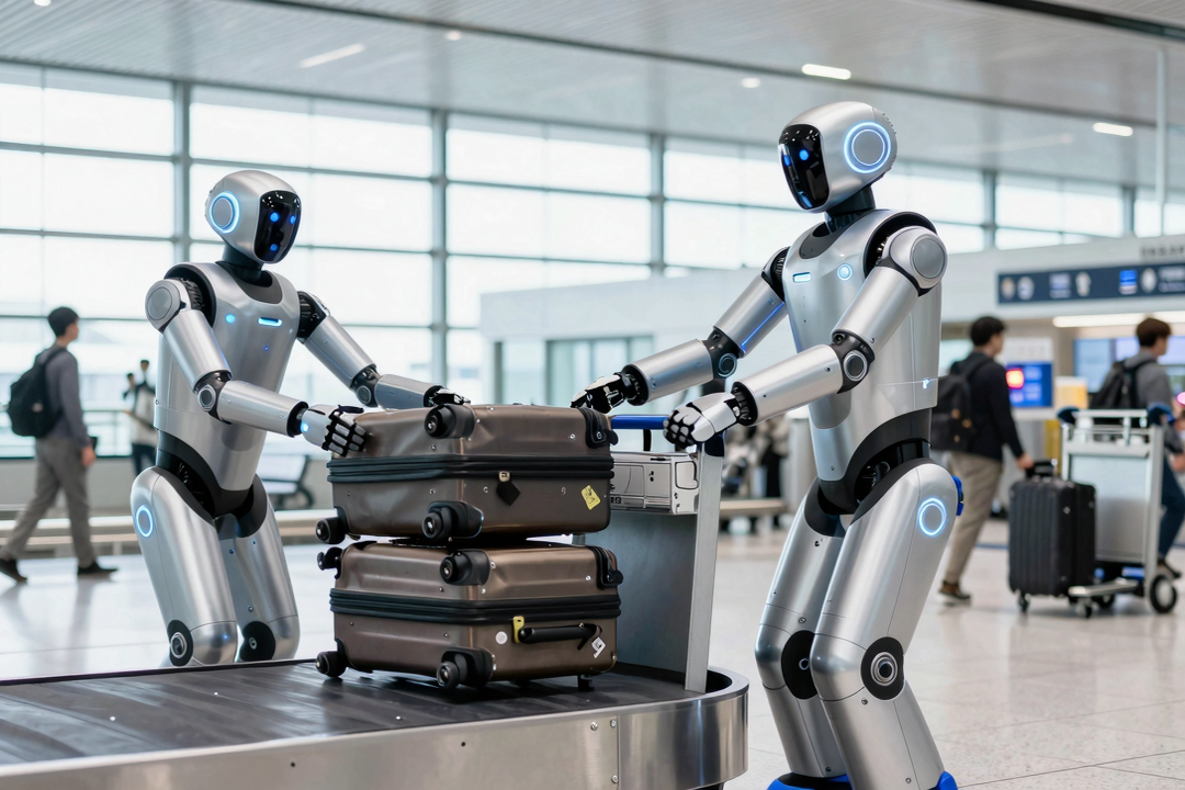 robos humanoides comecam descarregar malas aeroporto haneda