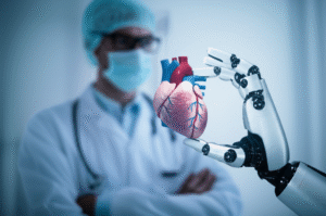 Ilustração conceitual sobre o uso de inteligência artificial na medicina auxiliando profissionais de saúde em diagnósticos