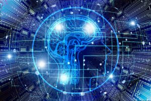 Ilustração conceitual de inteligência artificial representando redes neurais digitais e processamento de dados