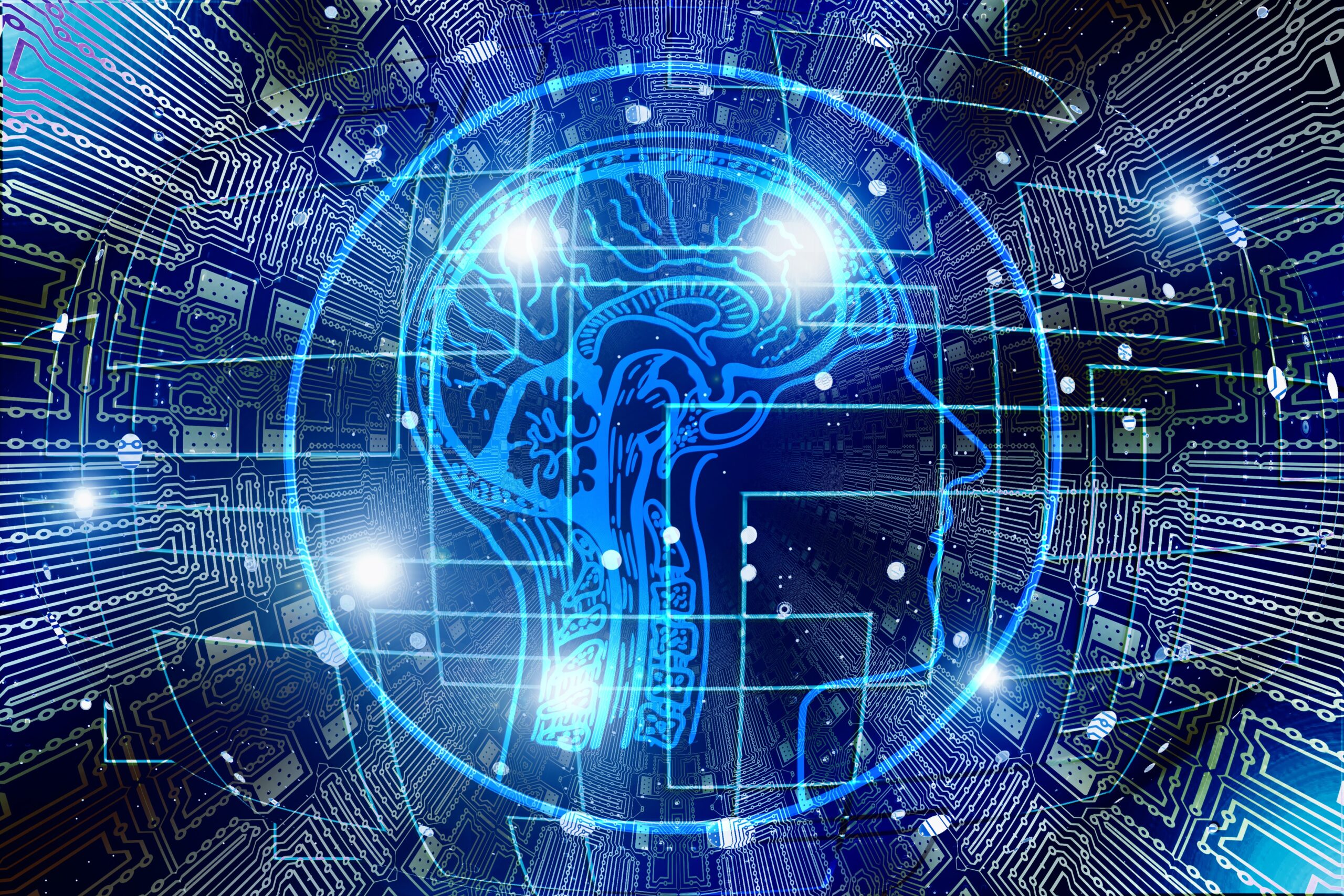 Ilustração conceitual de inteligência artificial representando redes neurais digitais e processamento de dados
