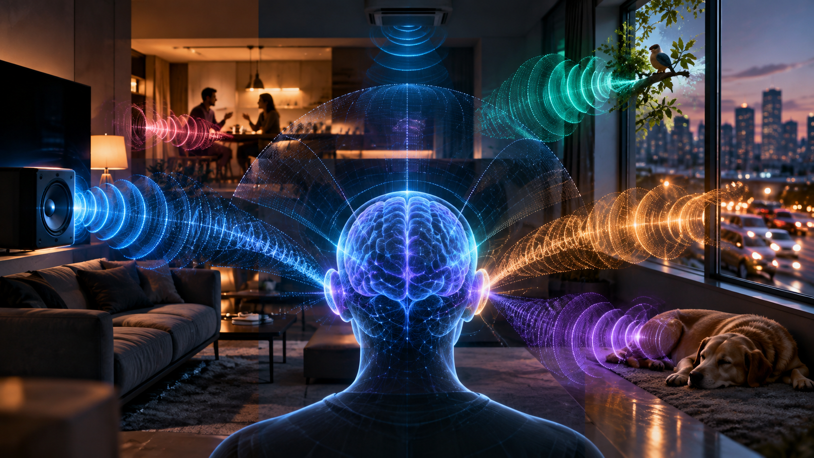 Ilustração conceitual de inteligência artificial mapeando a direção e origem de múltiplas ondas sonoras em um ambiente conectado