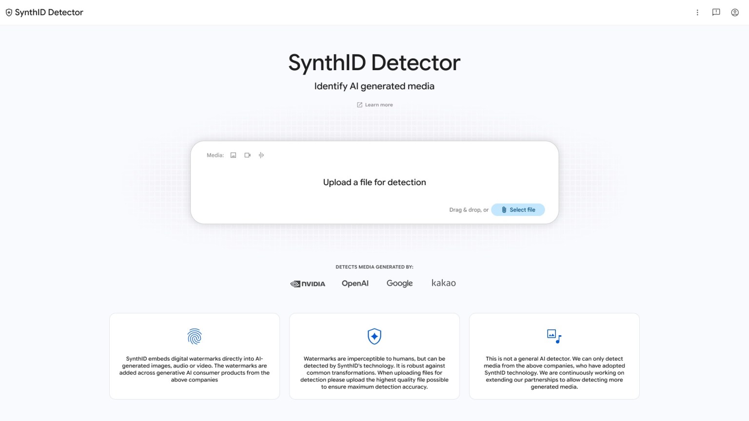 Google lança site do SynthID Detector para identificar mídias com IA 1 Interface da página inicial do SynthID Detector para verificar arquivos de mídia