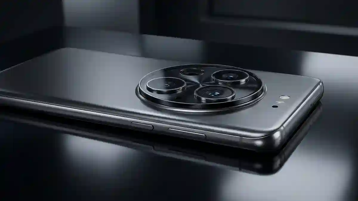Conceito ilustrativo em renderização 3D de um smartphone premium com módulo circular de três câmeras avançadas