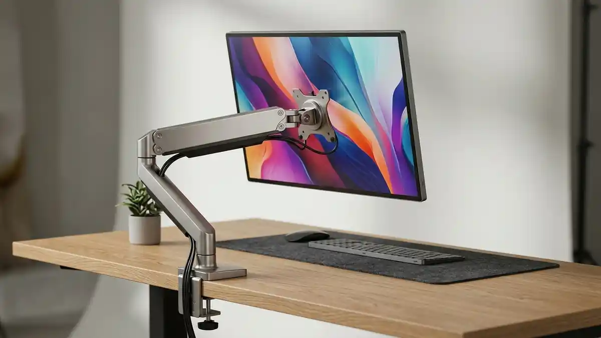 Braço ergonômico articulado de alumínio para monitor fixado em mesa de escritório com tela acoplada